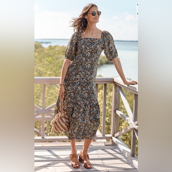 Garnet Hill Dresses & Skirts - Garnet Hill Linen Noir Multi Puff Sleeve
Midi Dress